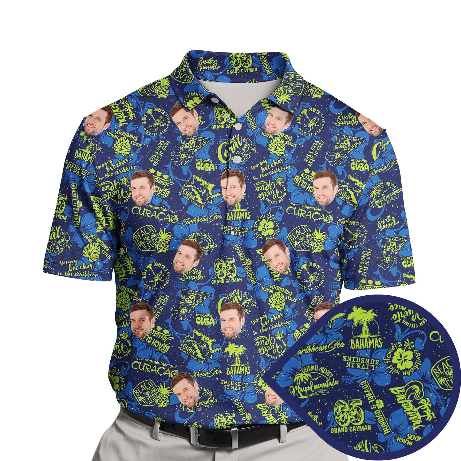 Funny golf shirts with faces on them featuring tropical designs.
