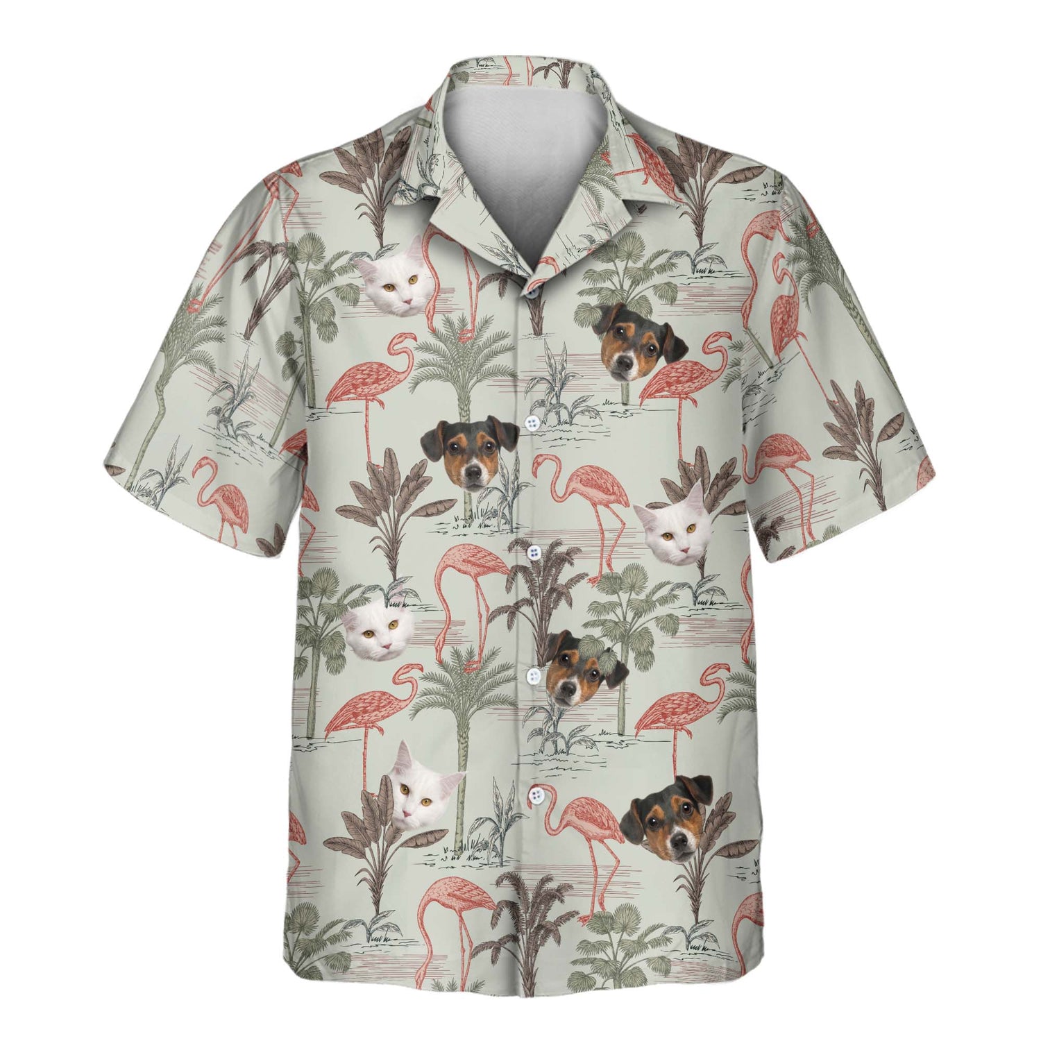 Vibrant custom Hawaiian shirts with faces on them, featuring exotic jungle leaves, tropical flowers, and wild animal patterns for a bold island look.