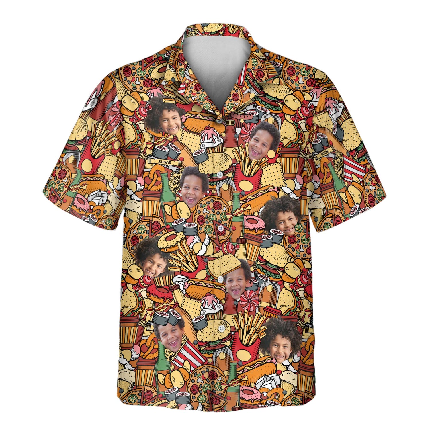 A fun and vibrant Fast Food Party Custom Hawaiian Shirt featuring delicious food designs like burgers, fries, cheese, lettuce, and refreshing drinks. Perfect for food lovers, this shirt combines a casual, summer vibe with tasty meal-inspired artwork, making it ideal for parties, festivals, and casual outings.