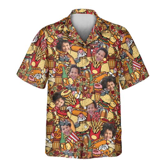 A fun and vibrant Fast Food Party Custom Hawaiian Shirt featuring delicious food designs like burgers, fries, cheese, lettuce, and refreshing drinks. Perfect for food lovers, this shirt combines a casual, summer vibe with tasty meal-inspired artwork, making it ideal for parties, festivals, and casual outings.