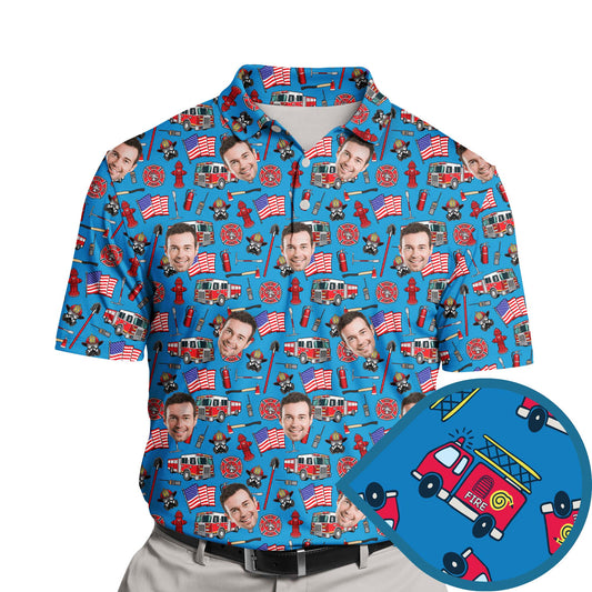 Funny golf shirts with faces on them featuring firefighter equipment and gear.