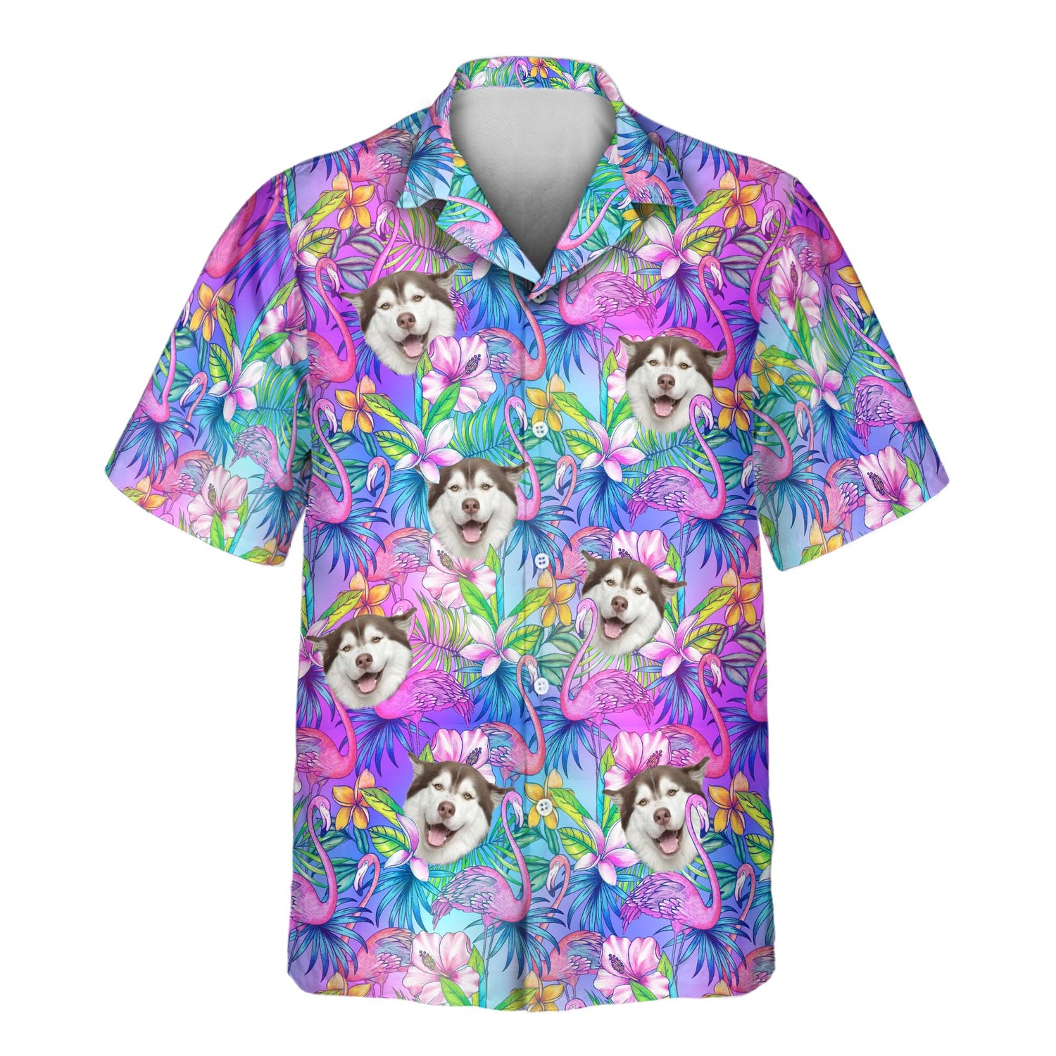 Flamingo Breeze Custom Hawaiian Shirts with Faces or Logos, featuring vibrant flamingos, hibiscus, and palm trees in a tropical design.