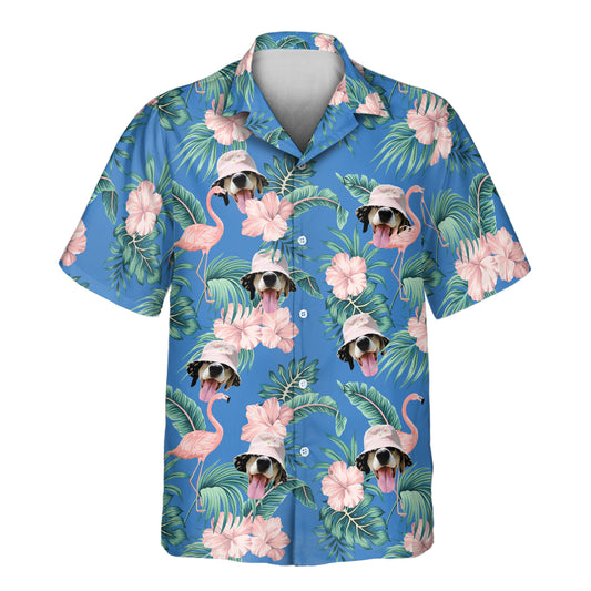 Custom Hawaiian shirts with pink hibiscus, flamingos, and palm leaves, plus shirts with faces on them, offering a playful, tropical style for any occasion.