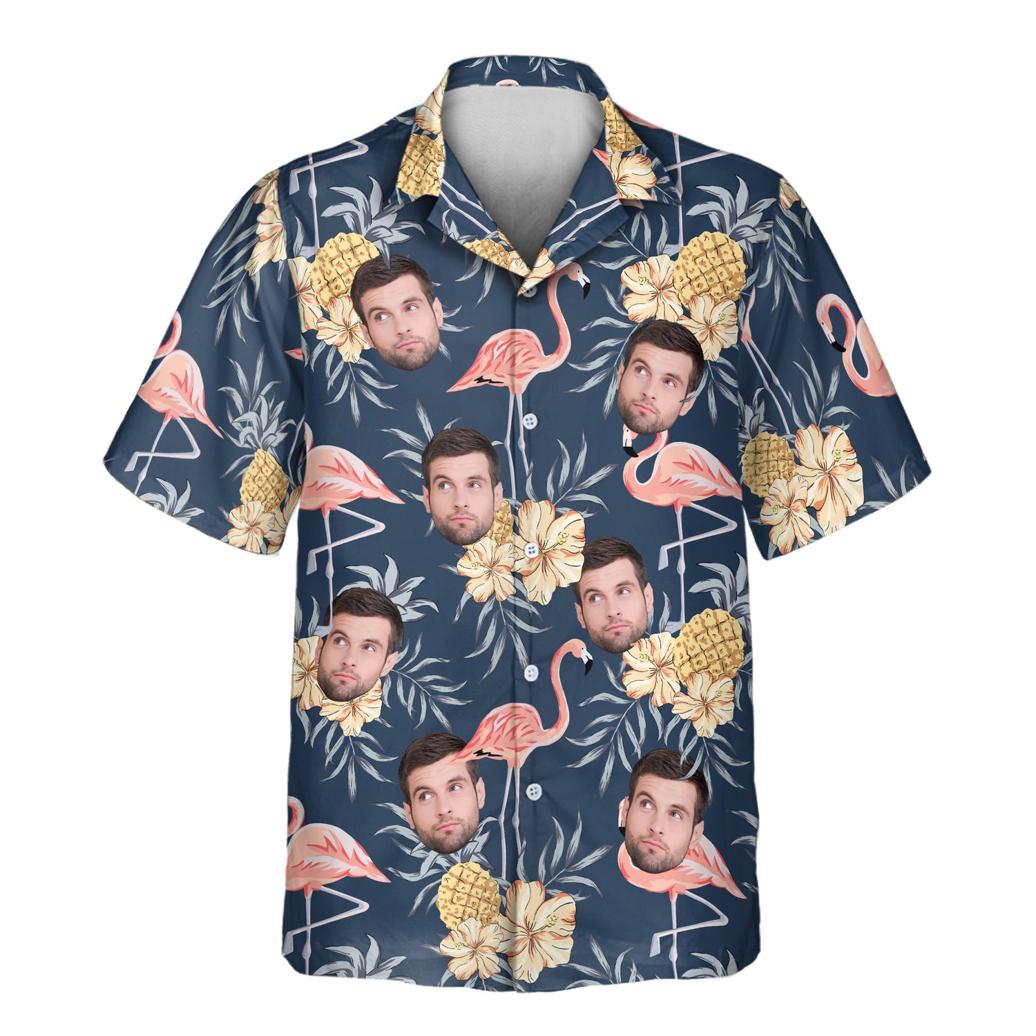 Custom Hawaiian shirts with pink flamingos, hibiscus flowers, and shirts with faces on them, offering a fun, tropical vibe on a navy backdrop for any occasion.