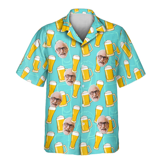 Funky Brew Paradise custom Hawaiian shirts with faces on them, featuring frothy beer mugs on a tropical backdrop, perfect for parties and beer lovers.