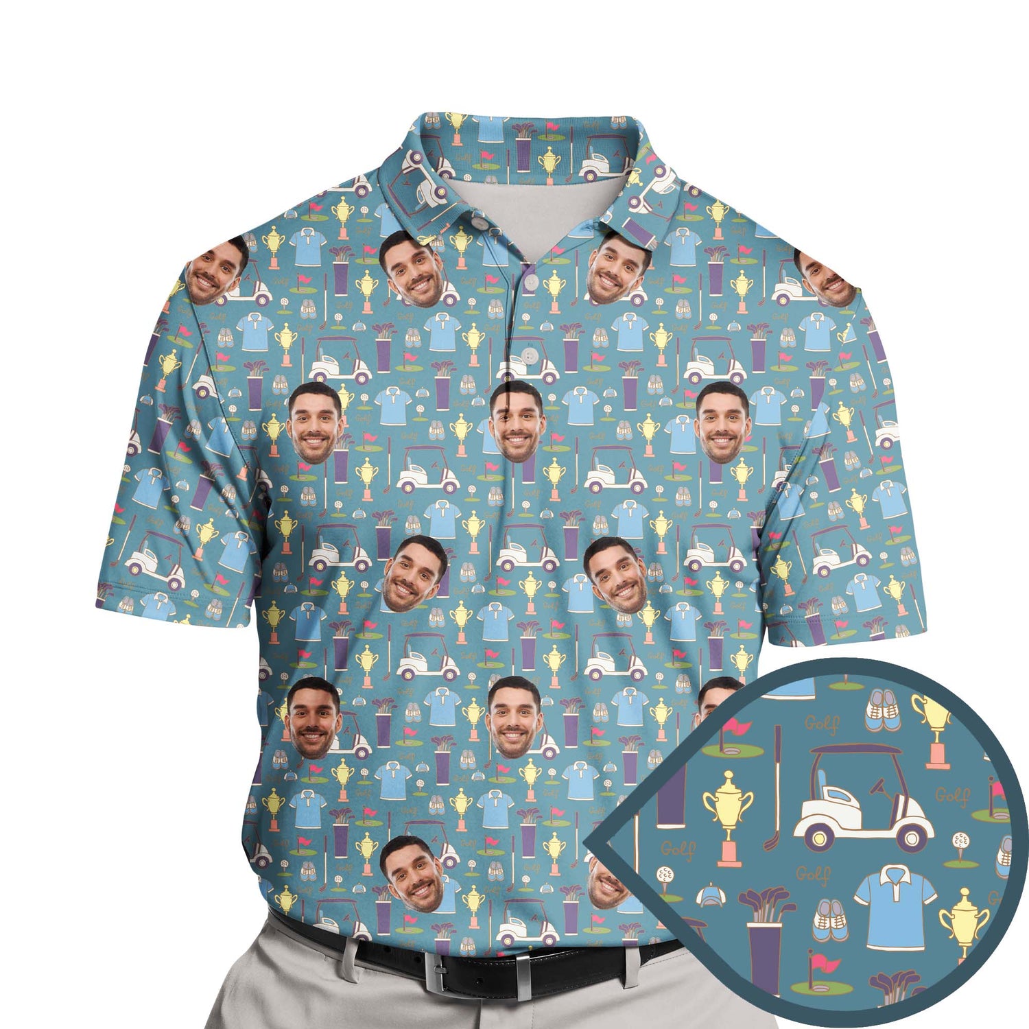 Funny golf shirts with faces on them for a playful day on the course.