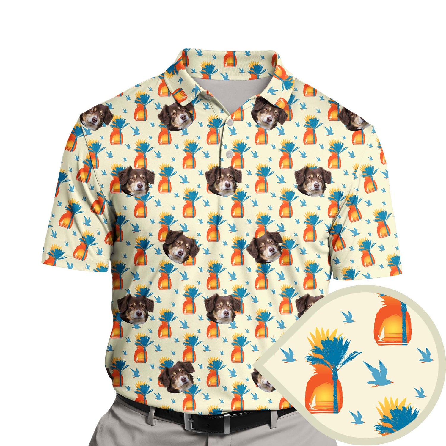 Funny golf shirts with faces on them featuring a gorgeous ocean sunset design.