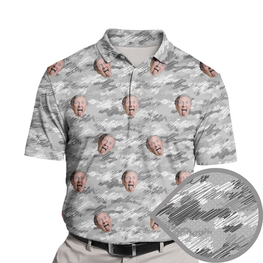 Funny golf shirts with faces on them featuring military designs.