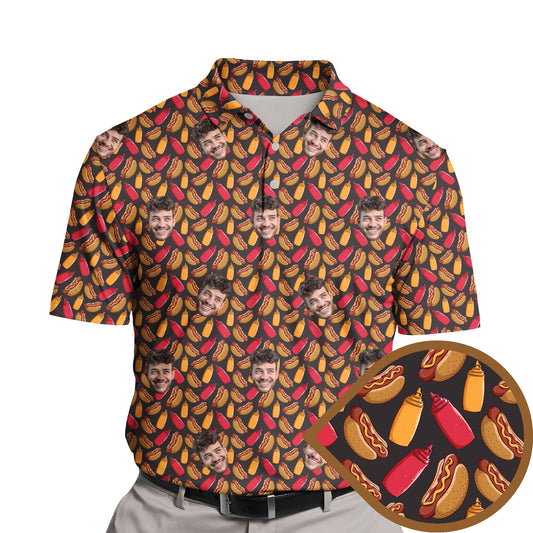 Funny golf shirts with faces on them featuring delicious hot dogs.