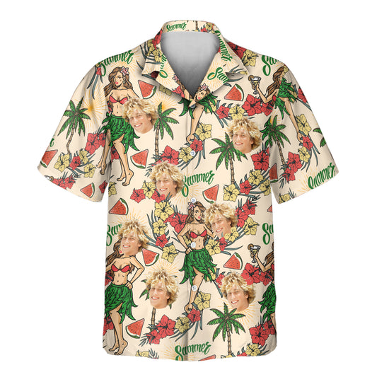 Custom Hawaiian shirts with red hibiscus, palm trees, Polynesian girls, and shirts with faces on them, perfect for adding tropical energy to any celebration.