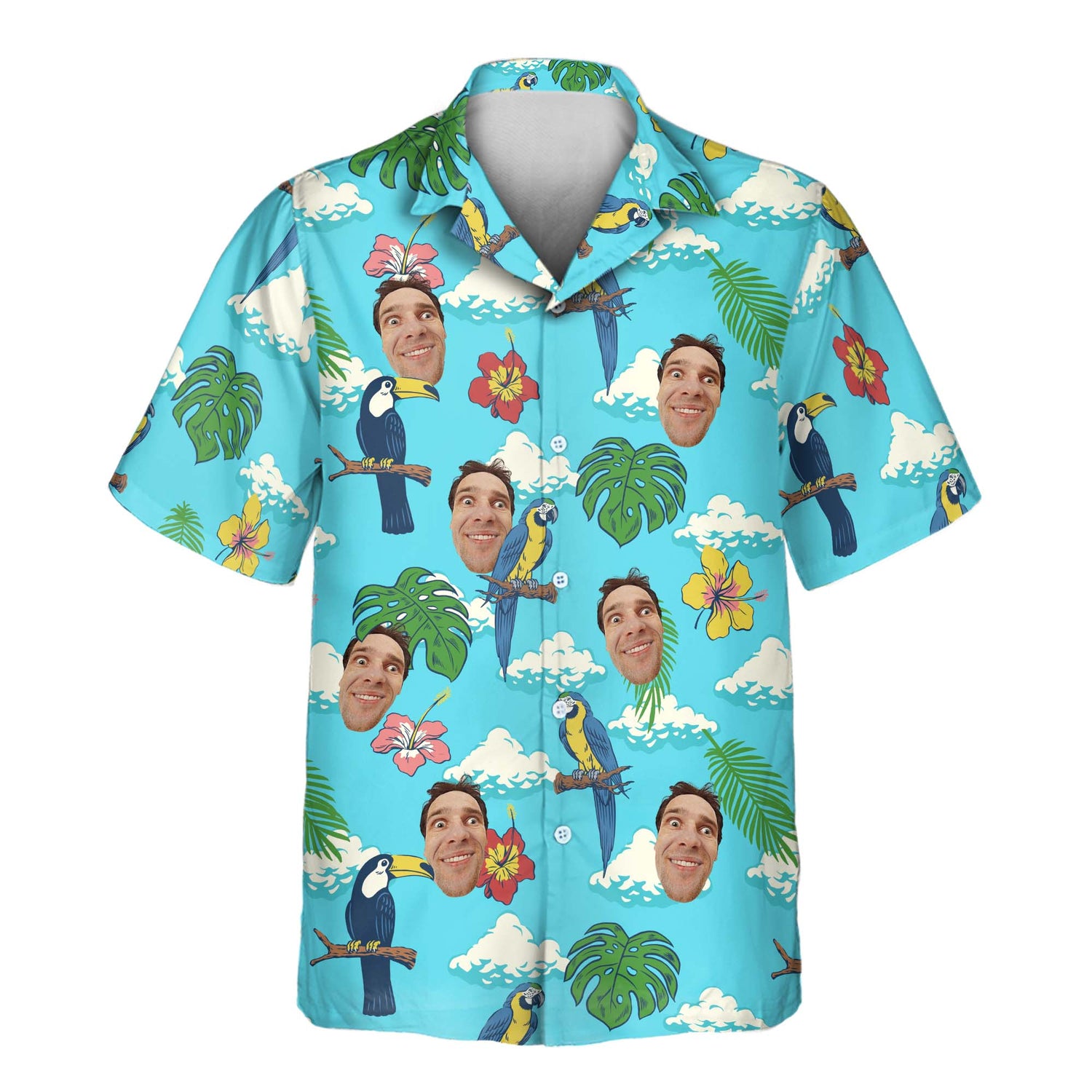 Vibrant custom Hawaiian shirts with faces on them, featuring tropical jungle birds, lush palm leaves, and bold floral patterns for a fun island vibe.
