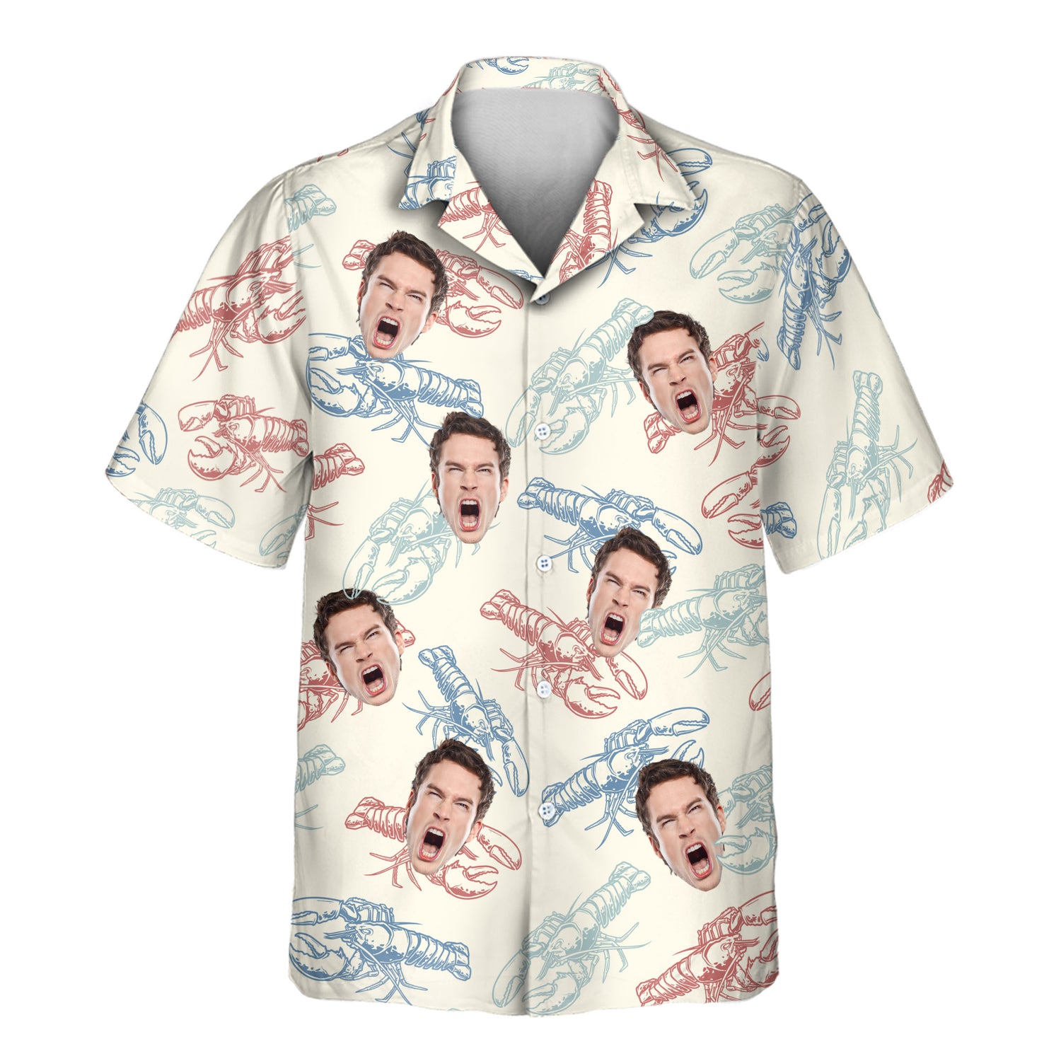 Custom Hawaiian shirts with colorful lobsters and shirts with faces on them, offering a playful, festive vibe on a soft ivory background for any occasion.