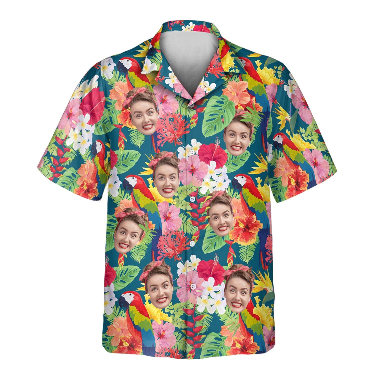 Custom Hawaiian shirts with faces on them, featuring colorful macaws and tropical flowers on Atlantic blue, perfect for adding jungle vibes to any event.