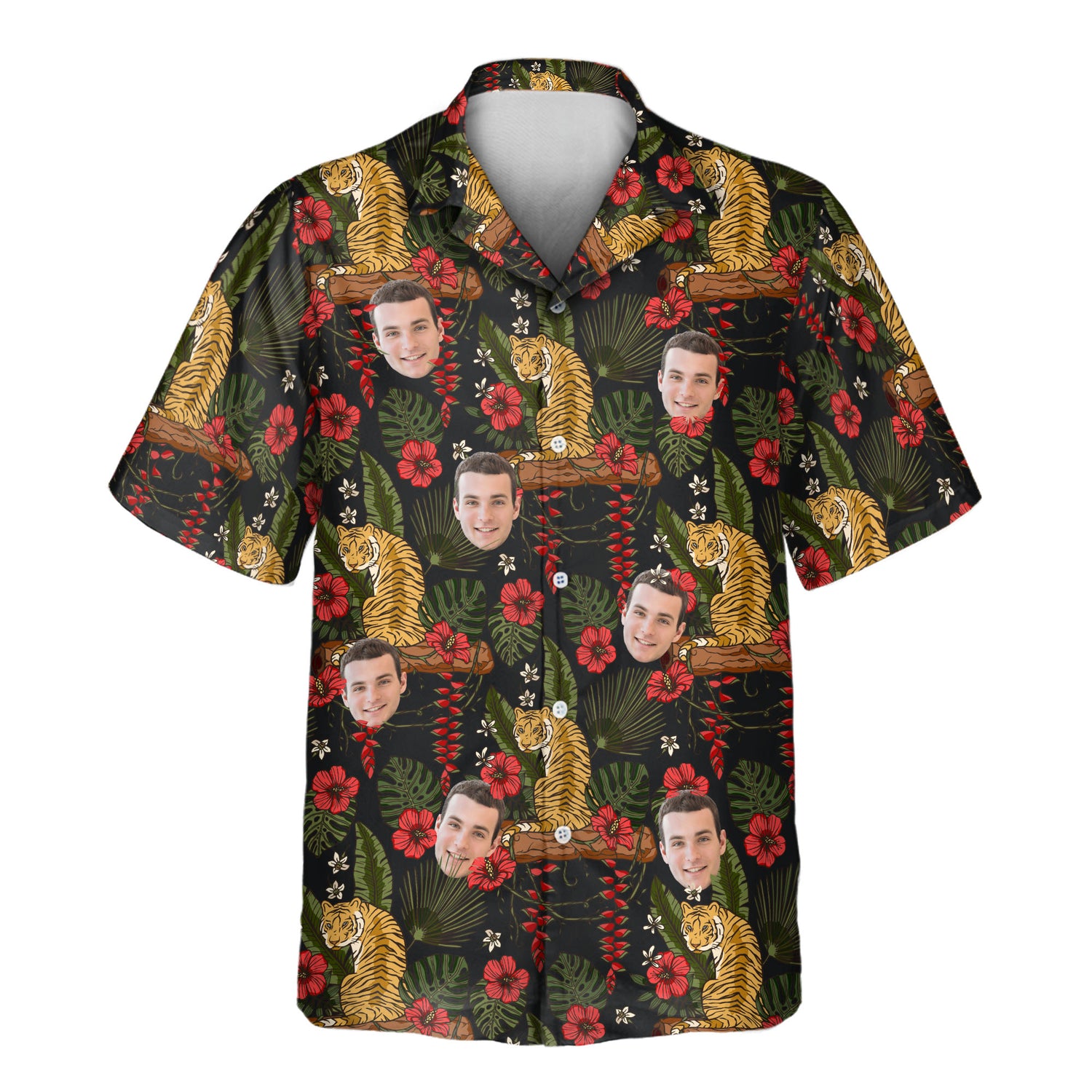 Majestic Jungle Tiger custom Hawaiian shirts with faces on them, featuring a golden tiger, lush green leaves, and red hibiscus on a black background.