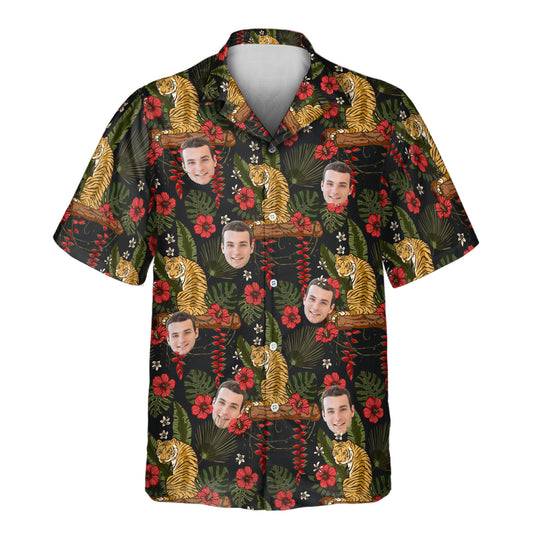Majestic Jungle Tiger custom Hawaiian shirts with faces on them, featuring a golden tiger, lush green leaves, and red hibiscus on a black background.