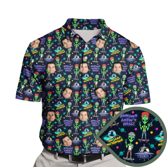 Funny golf shirts with faces on them featuring green aliens and UFOs.