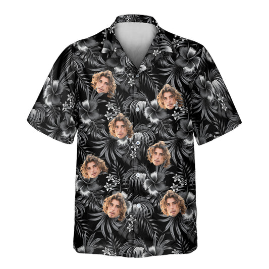 Midnight Hibiscus Paradise custom Hawaiian shirts with faces on them, featuring dark tropical florals, palm leaves, and a bold island-inspired design.

