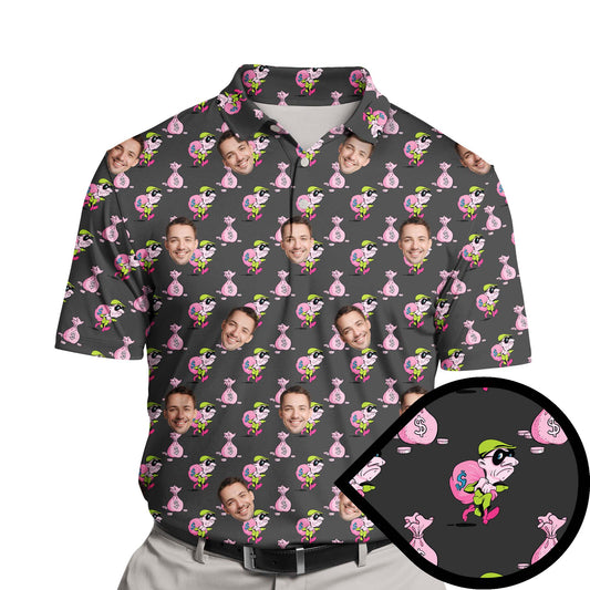 Golfers wearing funny golf shirts with faces on them, featuring quirky thief and money bag designs.