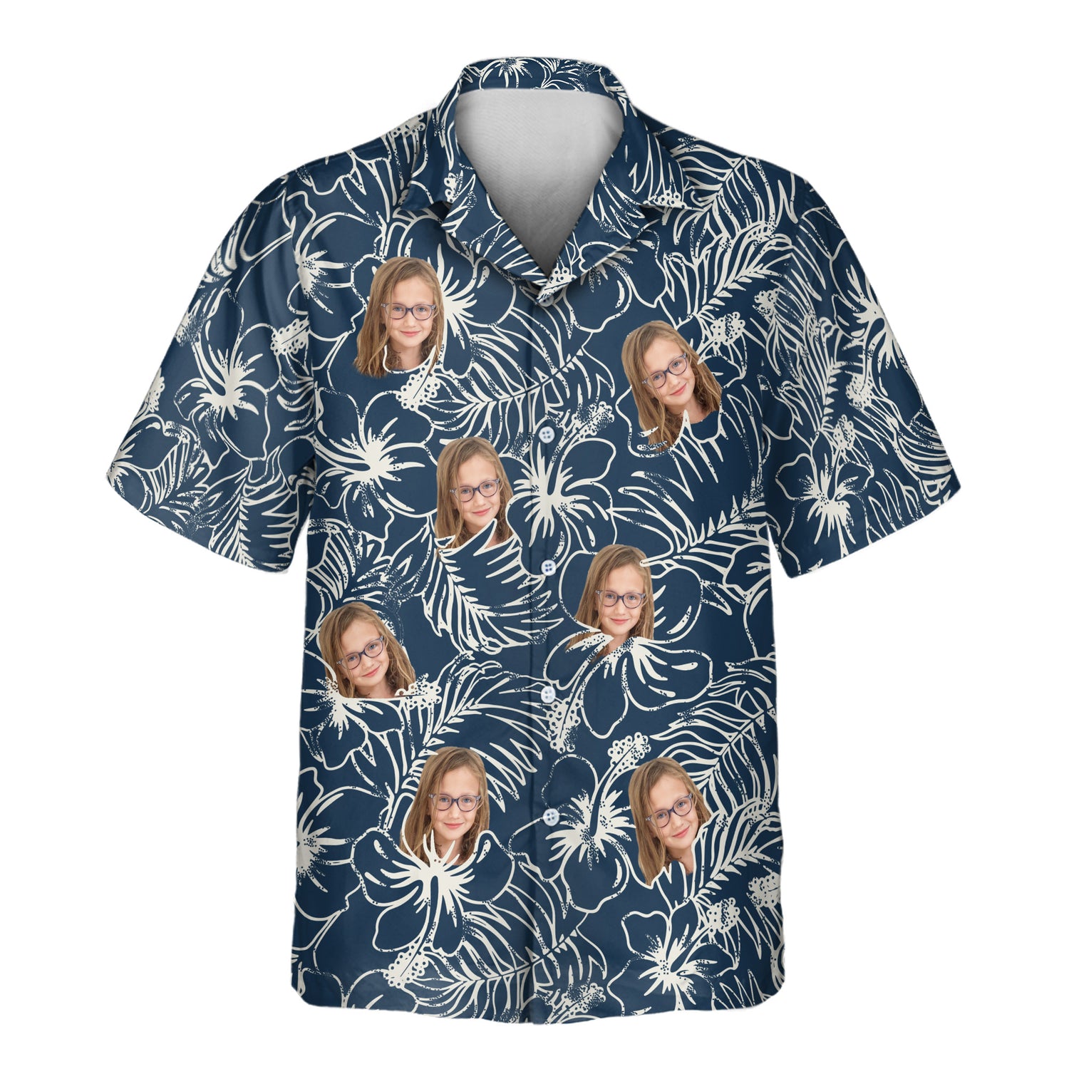 Custom Hawaiian shirts with faces on them, featuring intricate hibiscus flowers and tropical plants in navy blue, perfect for adding island vibes to any event.