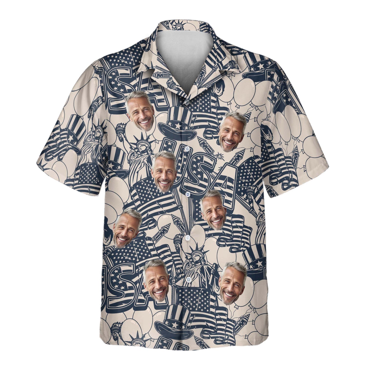 Custom Hawaiian shirts with faces on them, featuring retro USA designs in navy and ivory, perfect for celebrating Independence Day with vintage charm.