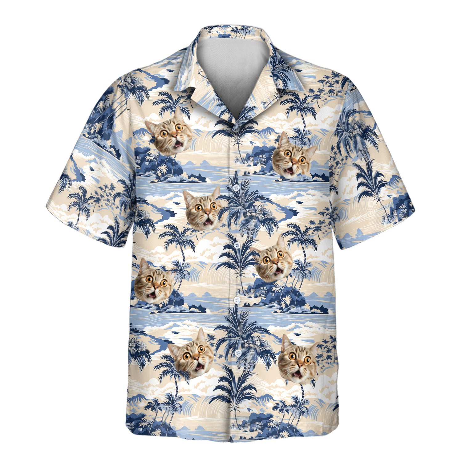 Custom Hawaiian shirts with faces on them, featuring vintage tropical scenes of palm trees and ocean waves, perfect for adding classic beach vibes to your wardrobe.