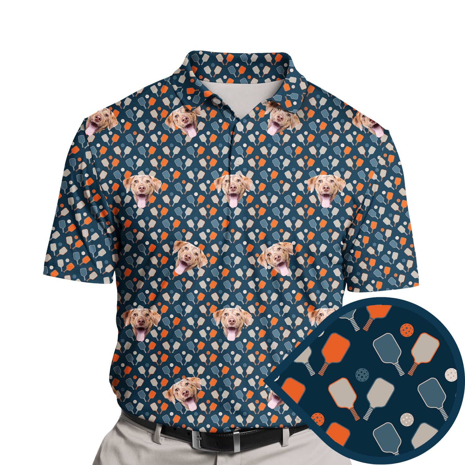Funny golf shirts with faces on them featuring vibrant pickleball designs.