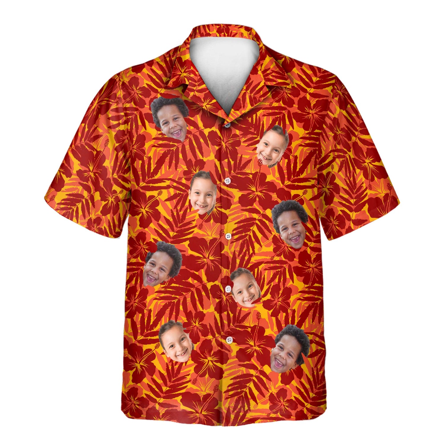 Red and Orange Tropical Silhouettes custom Hawaiian shirts with faces on them, featuring bold floral silhouettes, palm leaves, and exotic plant accents.