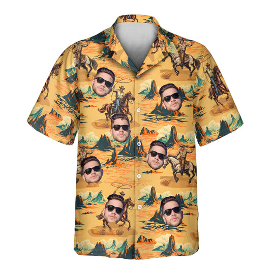 Custom Hawaiian shirts with faces on them, featuring retro cowboys, horses, and Western landscapes, perfect for adding a bold, fun touch to casual wear or events.