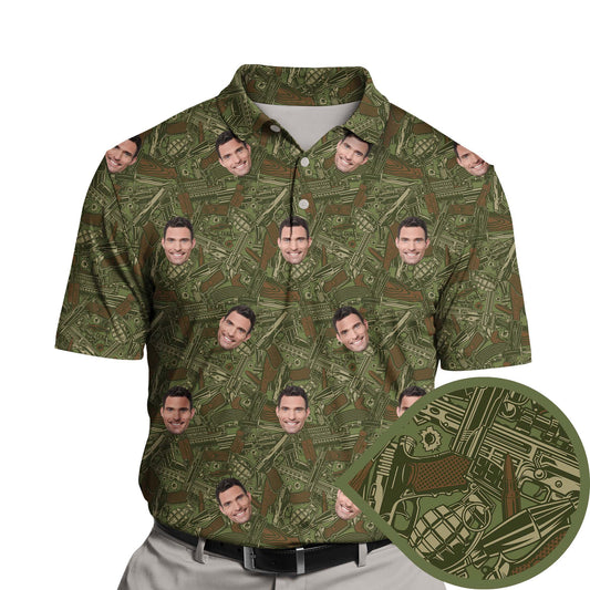 Funny golf shirts with faces on them featuring grenade graphics.
