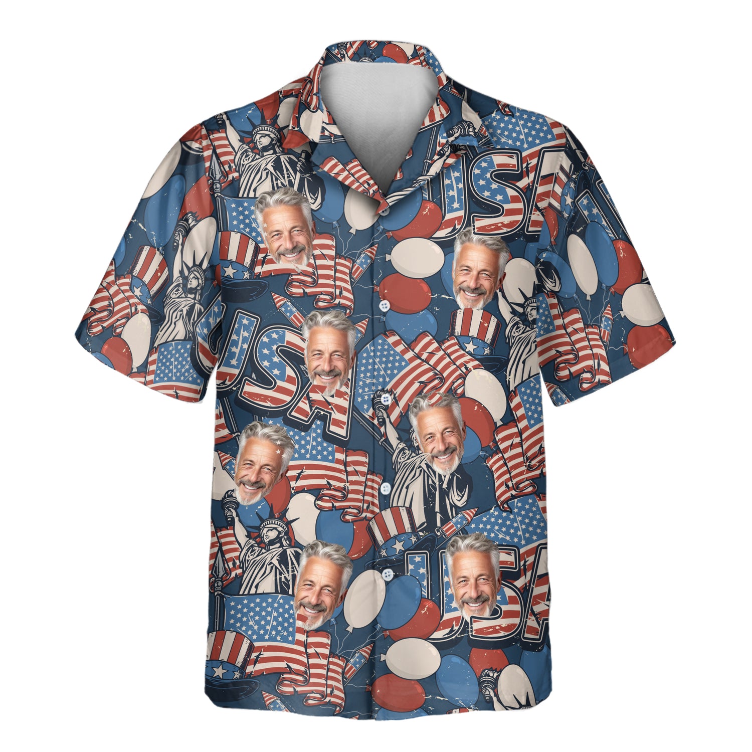 Custom Hawaiian shirts with faces on them, featuring vintage USA flag designs in retro colors, perfect for celebrating Independence Day in patriotic style.