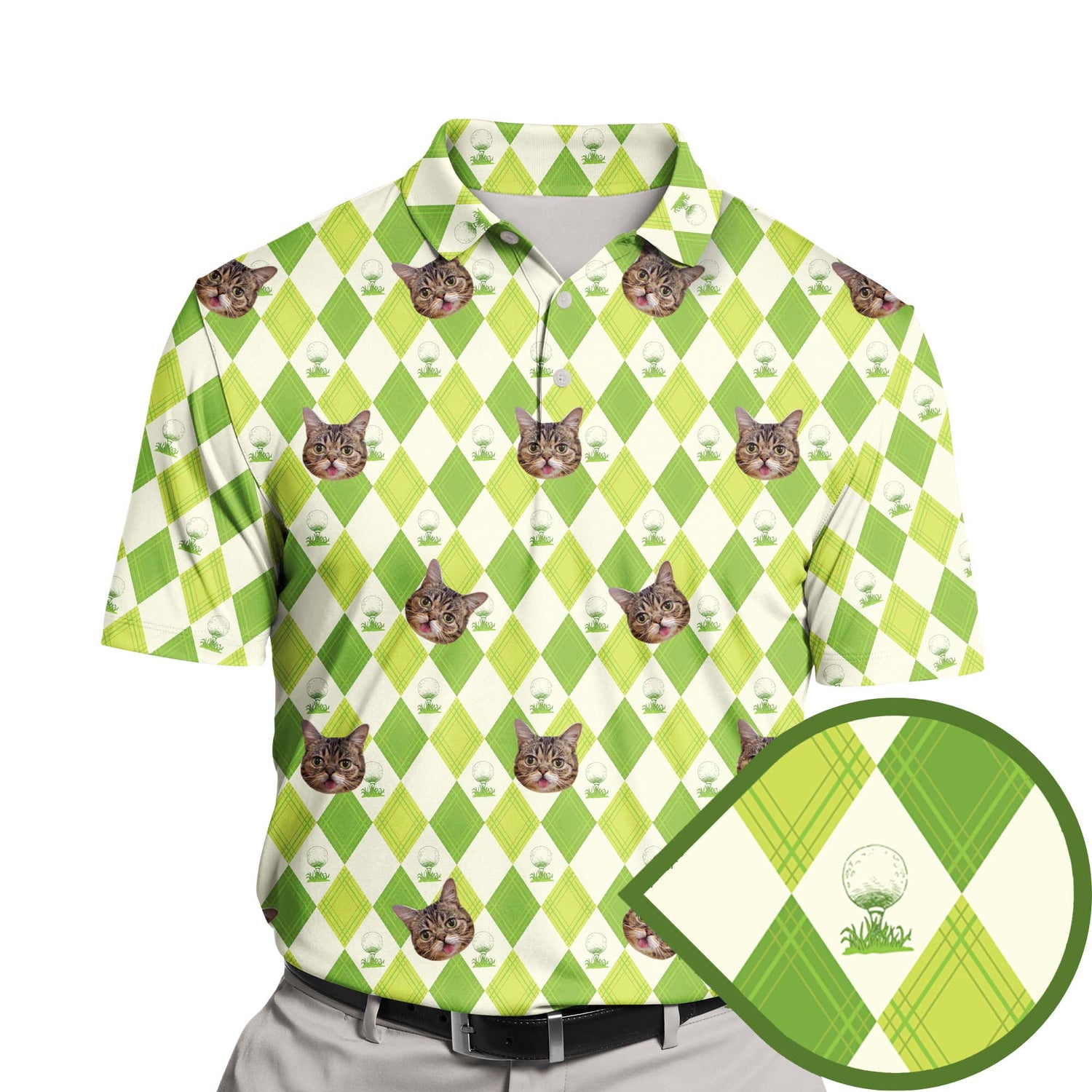 Funny golf shirts with faces on them for team play and laughs.