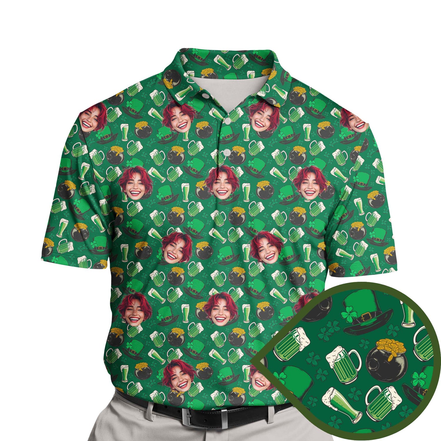 Funny golf shirts with faces on them featuring St. Patrick’s Day designs.