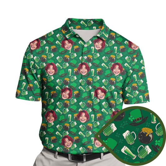 Funny golf shirts with faces on them featuring St. Patrick’s Day designs.