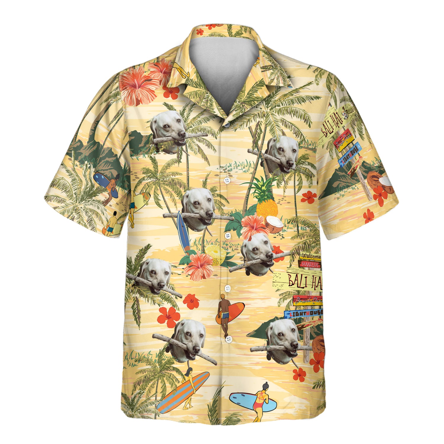 Custom Hawaiian shirts with faces on them featuring vibrant palm trees and surfers on a light yellow backdrop. Perfect for a tropical, beach-ready style.