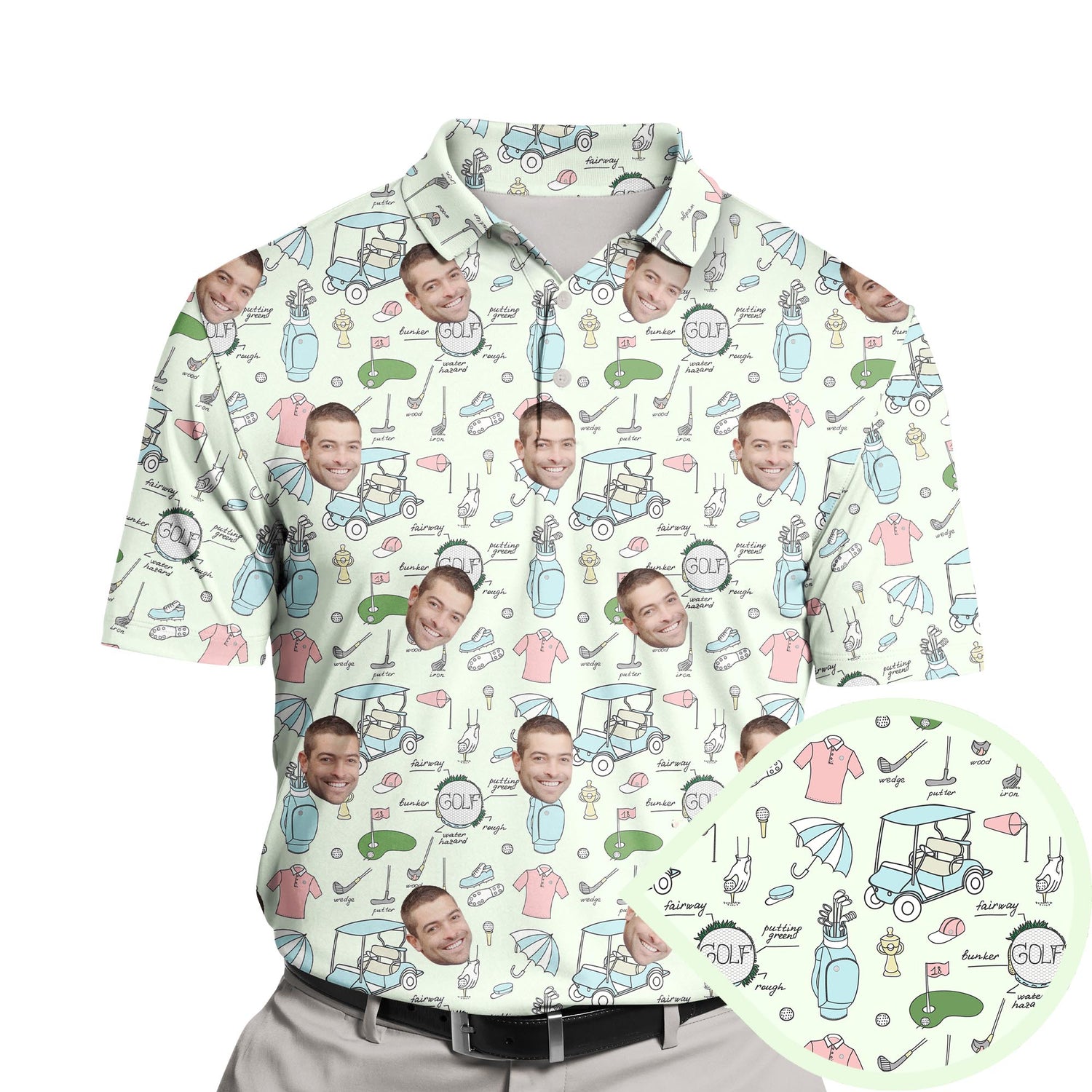 Funny golf shirts with faces on them featuring quirky designs for golfers.
