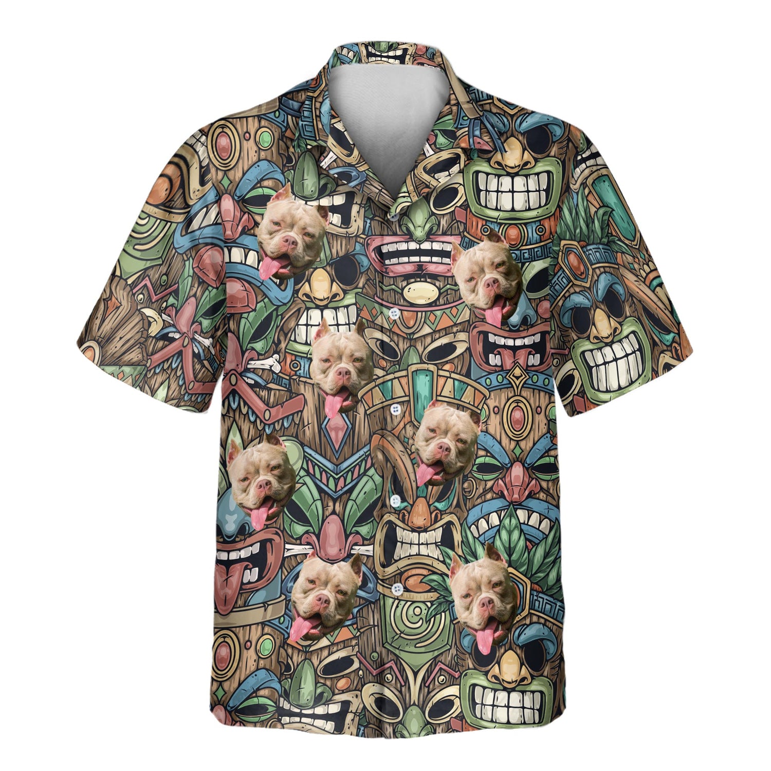 Custom Hawaiian shirts with faces on them, featuring vibrant Tiki mask designs in bold colors, perfect for adding a fun, festive vibe to any occasion.
