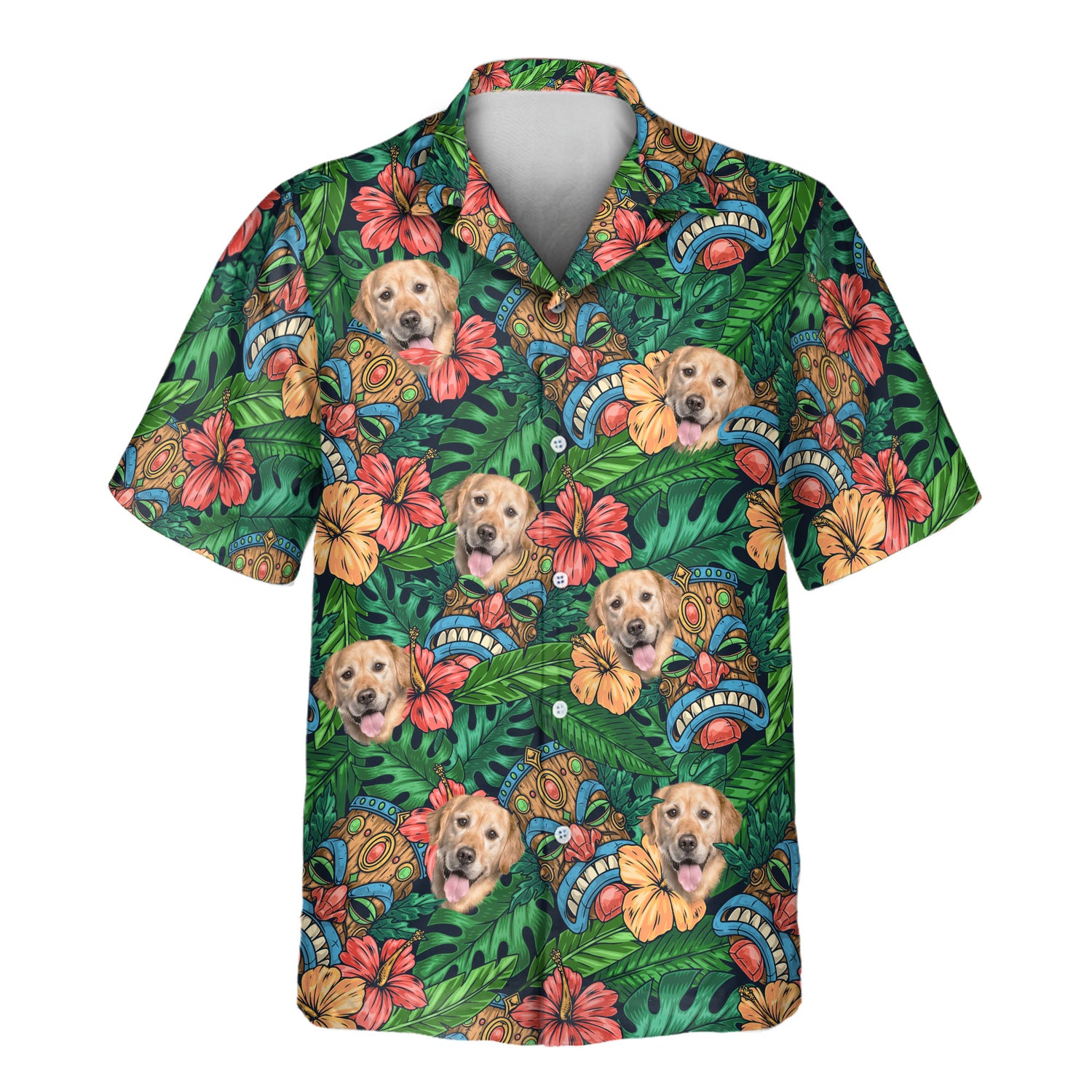 Tiki Paradise Warrior custom Hawaiian shirts showcase bold tiki masks, vibrant shirts with faces on them for a tropical, tribal-inspired look.