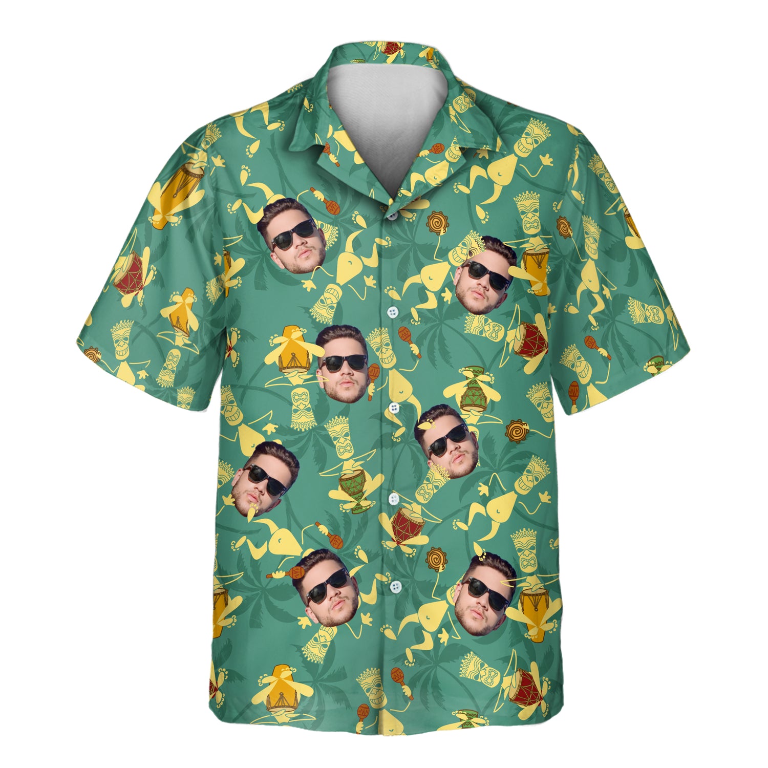 Vibrant tribal-themed custom Hawaiian shirts with faces on them, featuring rhythmic bongo drums and cultural patterns for a bold, musical island vibe.