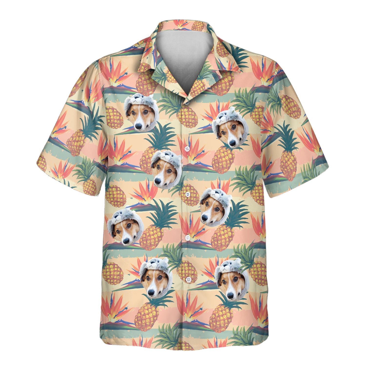 Custom Hawaiian shirts with faces on them, featuring vibrant bird of paradise flowers and pineapples on a bold tropical background, perfect for a fresh, fun vibe.