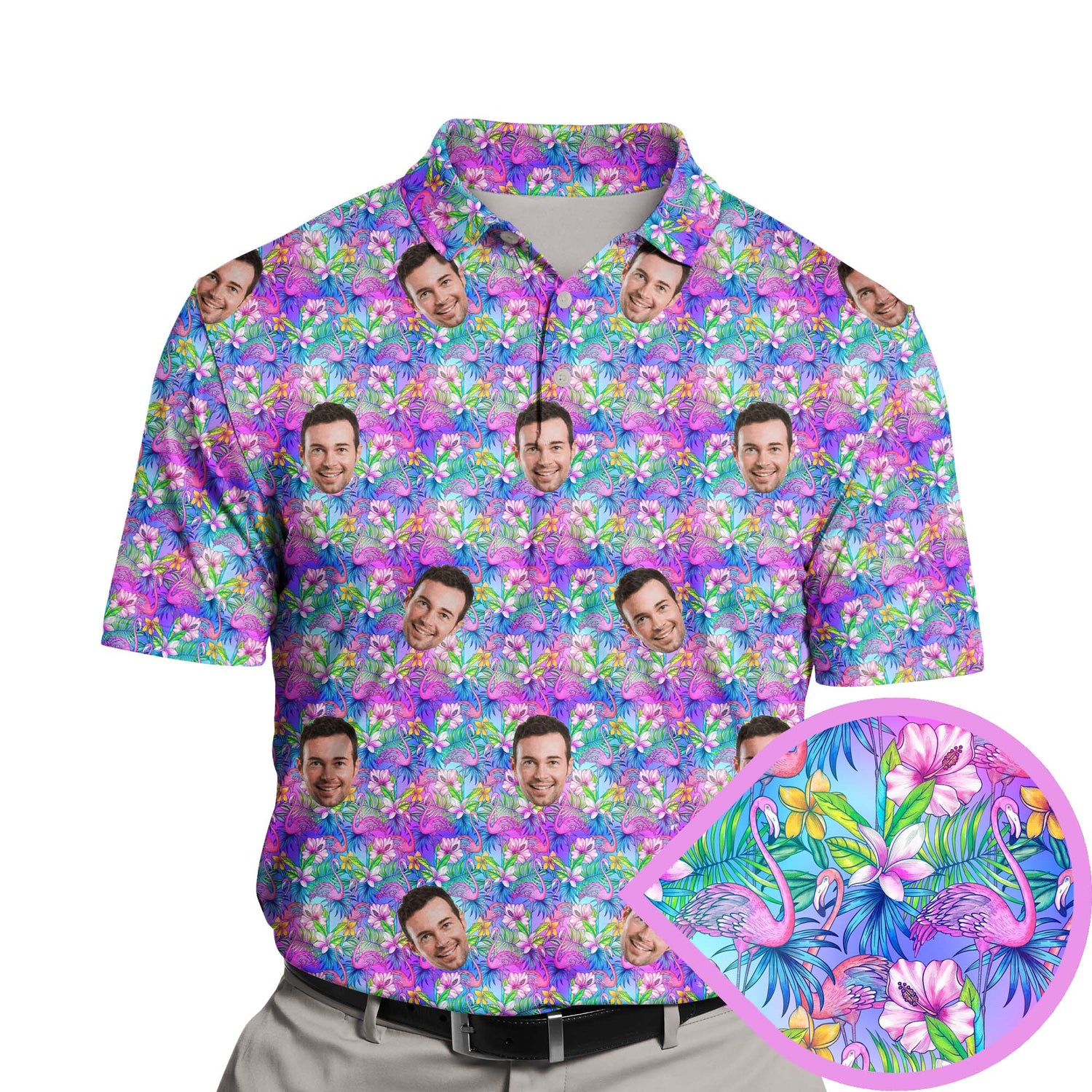 Funny golf shirts with faces on them featuring tropical flamingos.