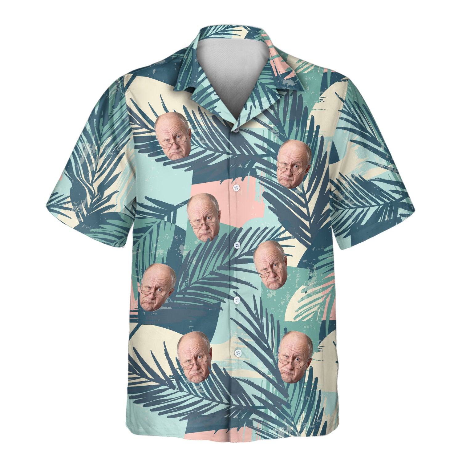 Custom Hawaiian shirts with bold color blocks and tropical palm leaves. Add faces on them for a fun, stylish tropical vibe perfect for any occasion.