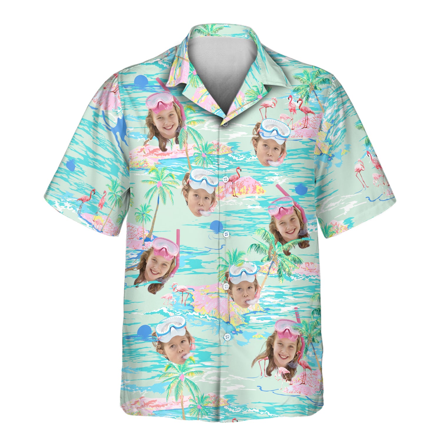Custom Hawaiian shirts with vibrant flamingos and palm trees. Add faces on them for a playful, tropical look perfect for beach vacations and adventures.