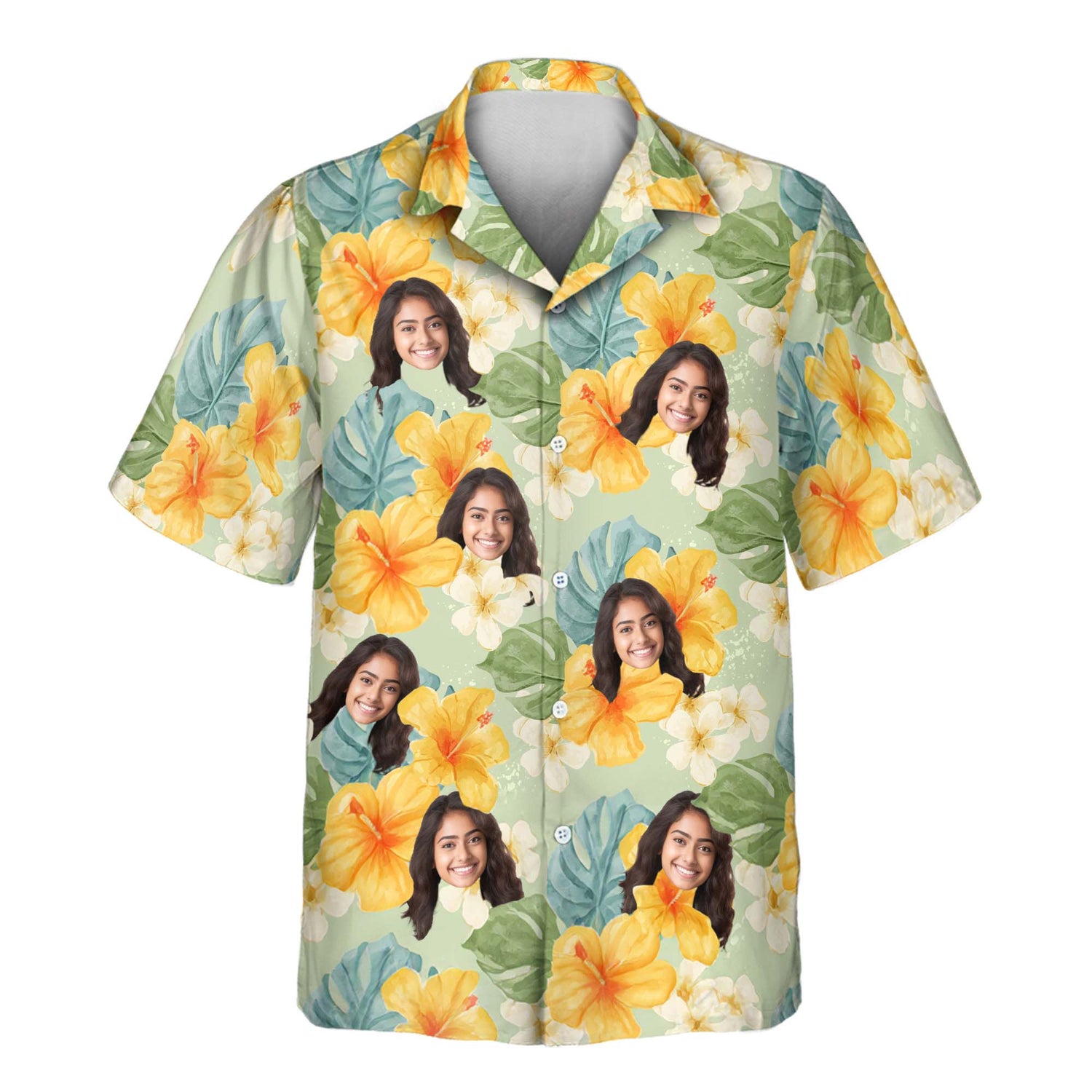 Custom Hawaiian shirts with yellow hibiscus flowers and tropical plants on light green. Add faces on them for a vibrant, laid-back island vibe.