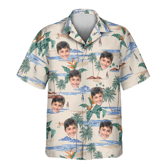 Custom Hawaiian shirts with coconuts, hibiscus flowers, and tropical designs. Add faces on them for vibrant island flair perfect for any occasion.