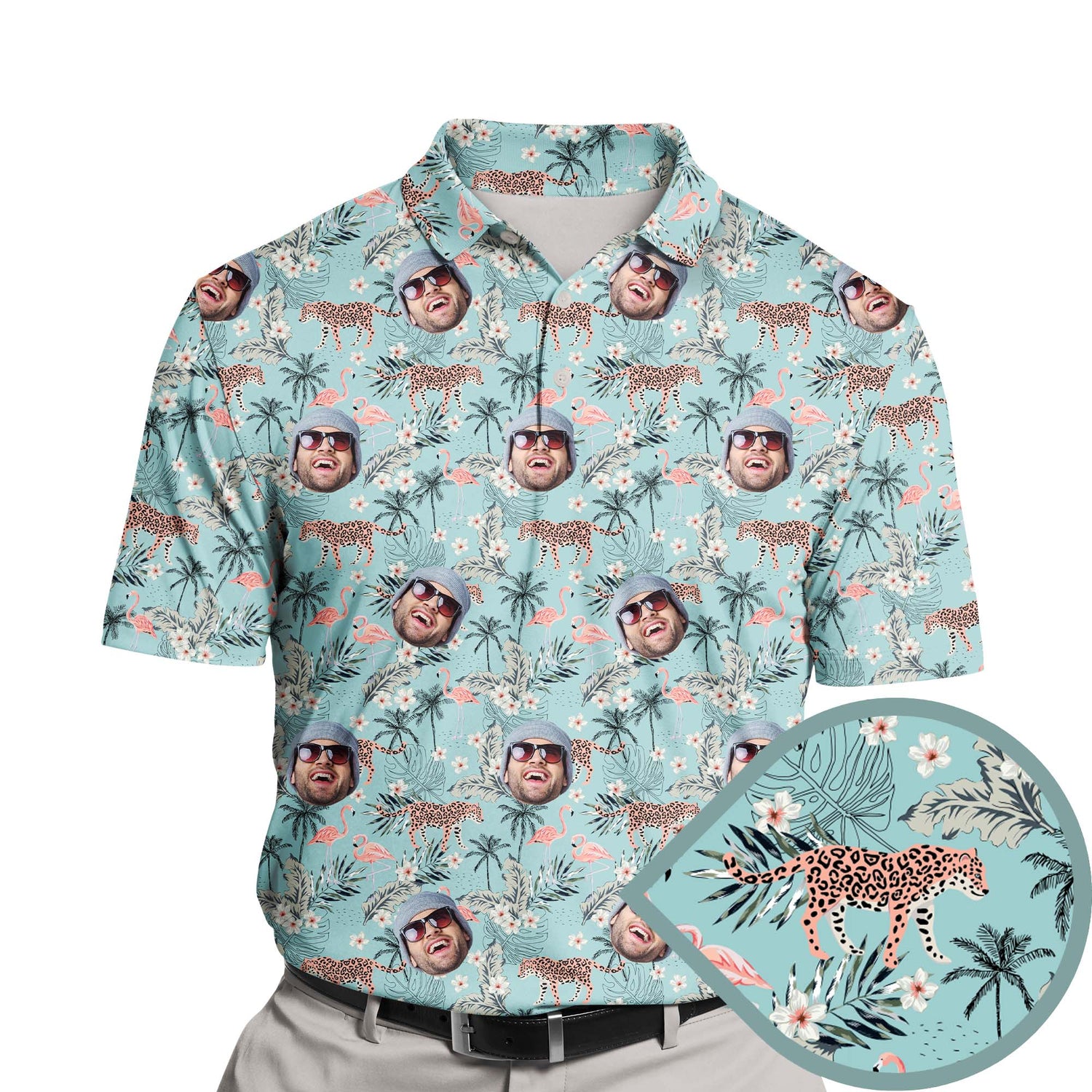 Funny golf shirts with faces on them, featuring tropical designs and breathable fabric for comfort.