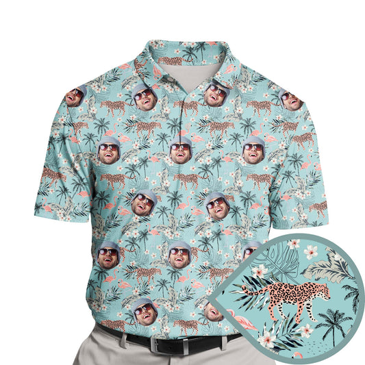 Funny golf shirts with faces on them, featuring tropical designs and breathable fabric for comfort.