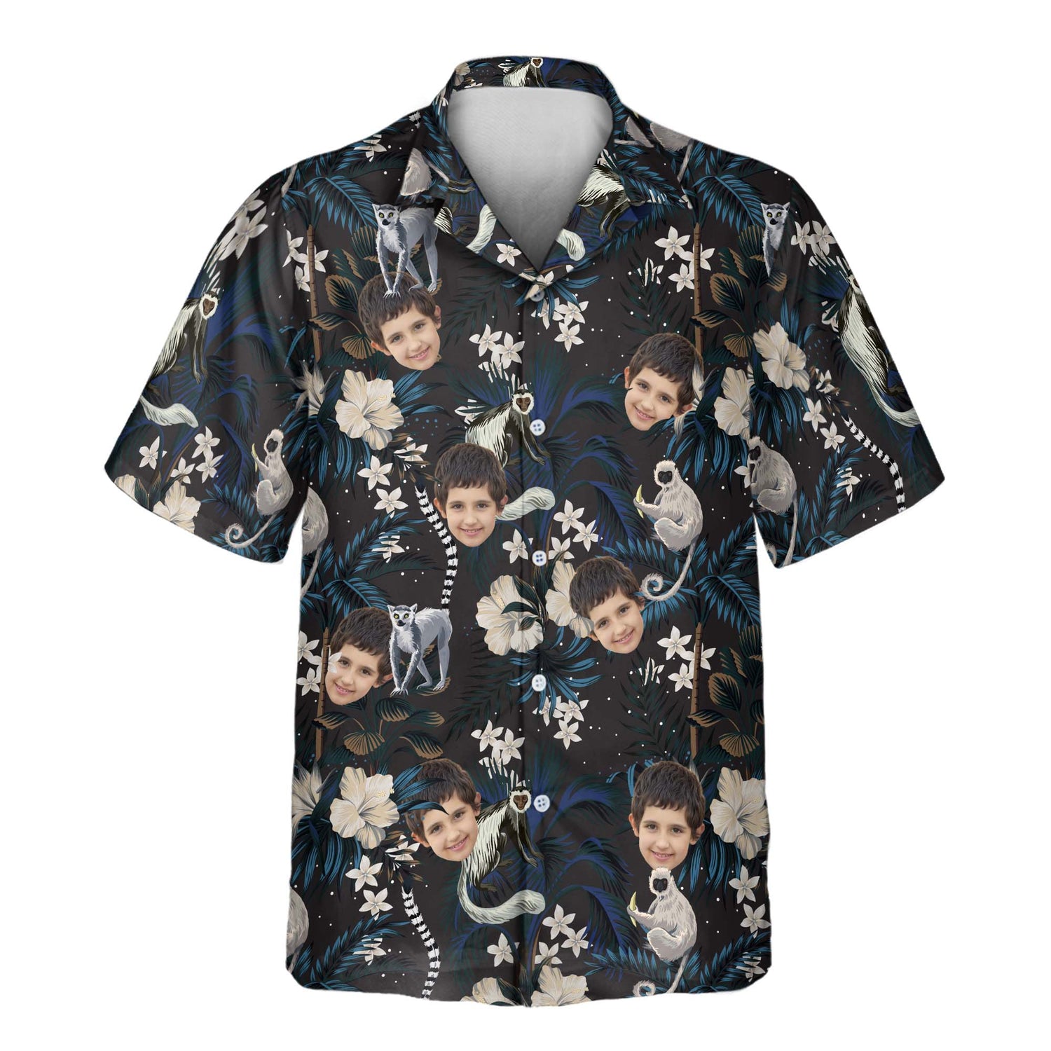 Vibrant custom Hawaiian shirts with faces on them, featuring tropical flowers, palm leaves, and exotic wildlife for a bold island-inspired look.