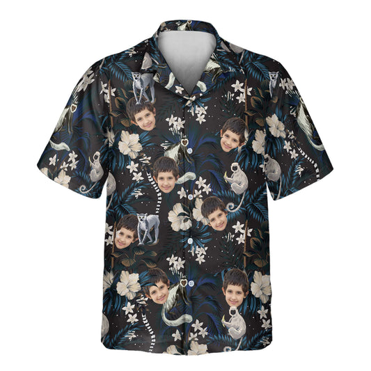 Vibrant custom Hawaiian shirts with faces on them, featuring tropical flowers, palm leaves, and exotic wildlife for a bold island-inspired look.
