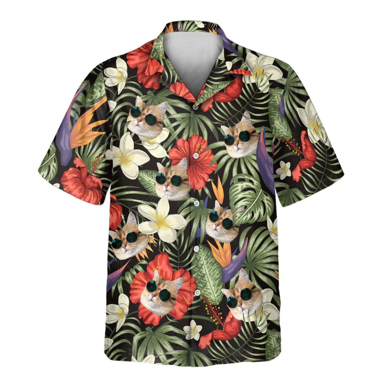 Custom Hawaiian shirts with tropical leaves, frangipani, bird of paradise, and hibiscus. Add faces on them for lush, exotic vibes perfect for any occasion.