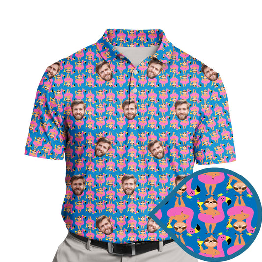 Funny golf shirts with faces on them featuring tropical flamingos.